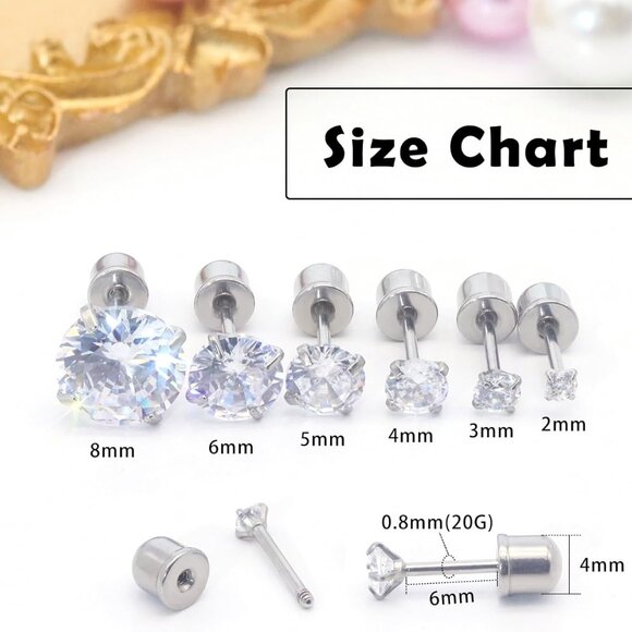 6 Pairs Stainless Steel 18K Gold Plated Cubic Zirconia Stud Earrings for Women M - Picture 2 of 7